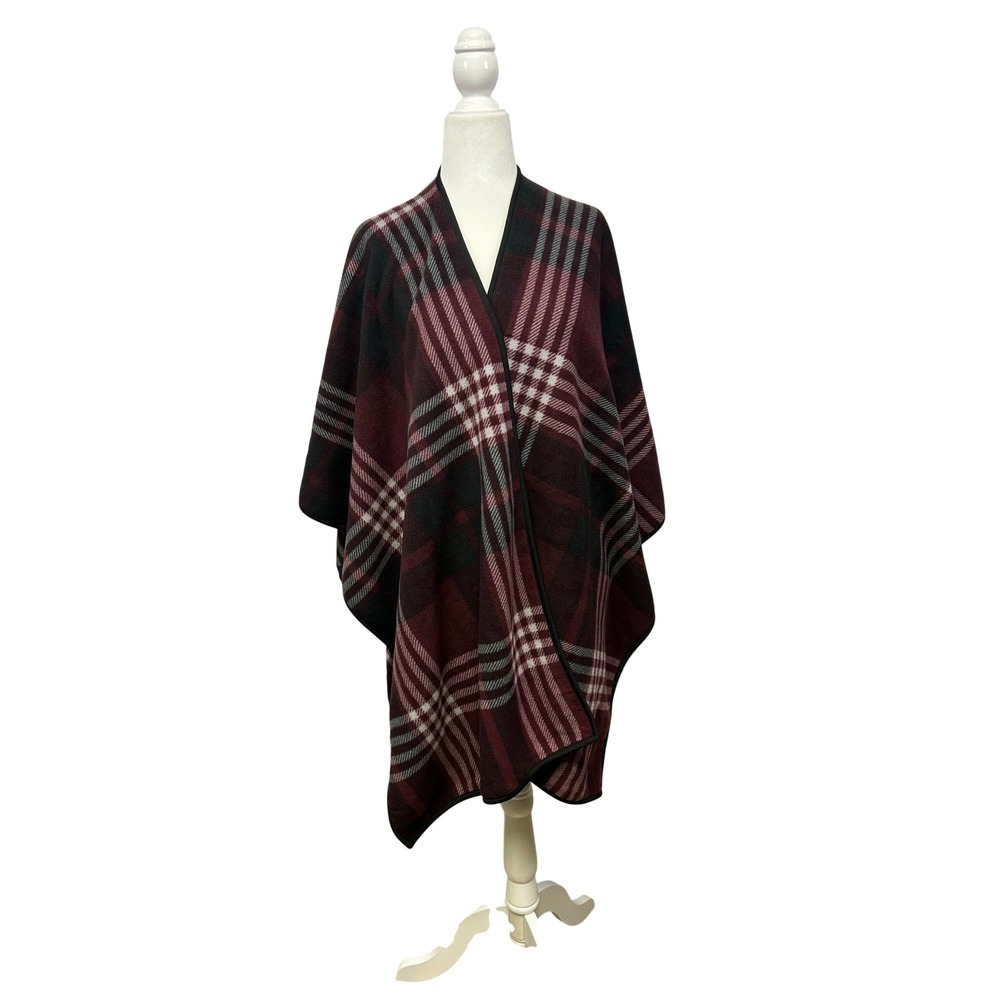 Dark Academia Ike Behar Womens OS Burgundy Plaid Sherpa Lined Fleece Poncho Wrap